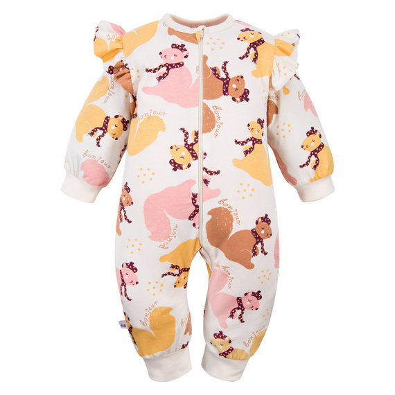 Salopeta pentru bebelusi Fluffy Tails Eevi - ecru, imprimeu, fara picioare, fermoar