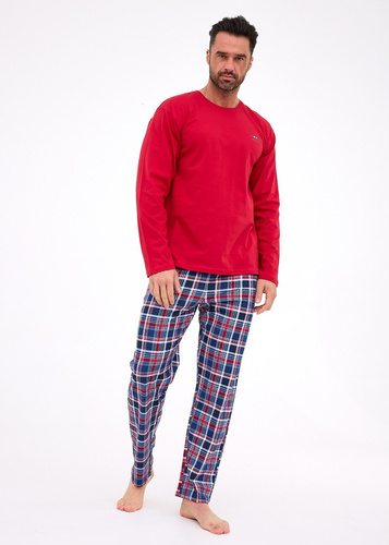 124/312 Ready 3 Cornette burgundy – pijamale bărbați din bumbac, mâneci lungi, pantaloni în carouri