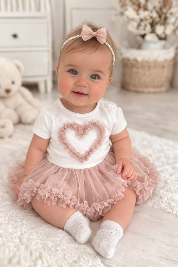 Body rochie Mia Bambarillo pentru bebelușă cu fustă din tul elegant beige