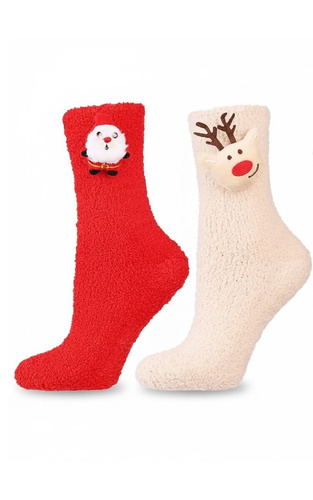 Șosete de Crăciun Moraj CDC400-002 roșii/bej – moi, călduroase, cu aplicații 3D și talpă antiderapantă