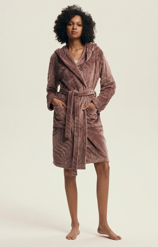 43602 Halat de damă Devyn cu glugă Henderson, culoare mahon – scurt, călduros, din velur