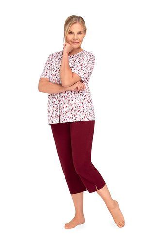 Pijamale damă Martel Maria I 200 cu nasturi, 100% bumbac, mânecă scurtă, 42-bordo