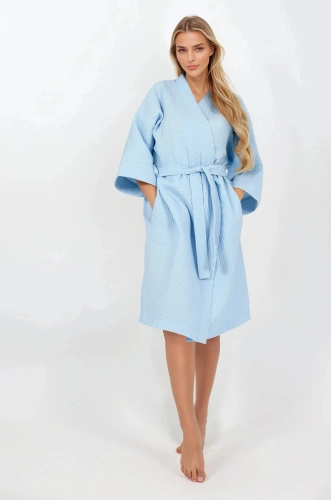 Halat de baie din bumbac Blue Lady Momenti Per Me – maneca 3/4, mansete late, 100% bumbac