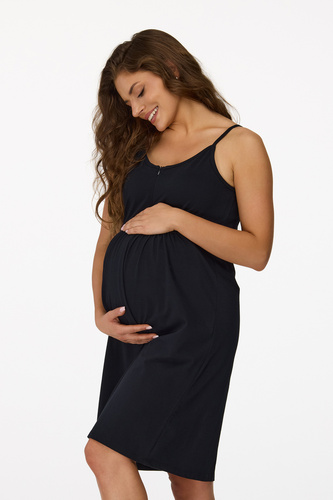 Cămașă de noapte pentru gravide Senizo nr. 27, neagră – 100% bumbac, fermoar pentru alăptare, bretele