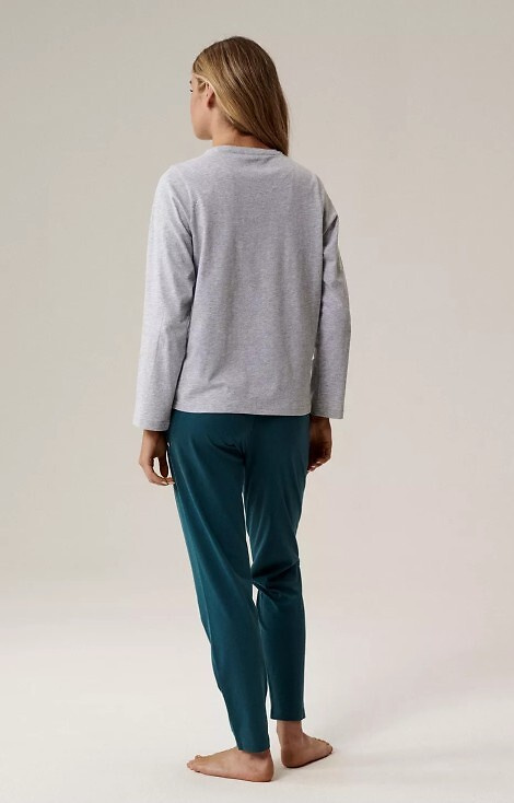 NLP-498 Gri atlantic-smarald – pijama de damă din bumbac, cu mânecă lungă și pantaloni