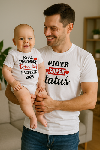 SKU N052TS-1 Set „PRIMUL Nostru de Ziua Tatălui + Super DADDY cu nume” - body + tricou bărbați Moocha, personalizat, din bumbac, cadou perfect de Ziua Tatălui.