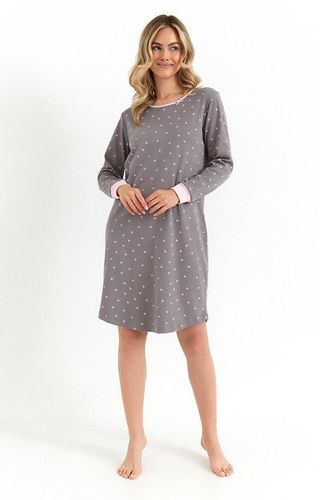 Cămașă de noapte pentru femei 493 Cana, grafit - bumbac interlock, inimioare, mâneci lungi