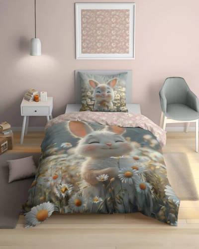 5548 A Fluo 95 Lenjerie de pat Glow in the dark, iepuraș în flori, 100% bumbac | Pentru copii Detexpol