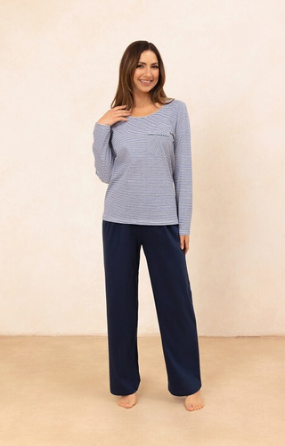 715 Pijamale de dama Regina, bleumarin - bumbac, tricou cu dungi cu buzunar