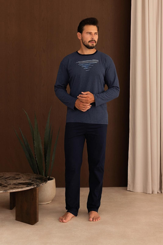 Pijamale bărbați Regina 6007 100% bumbac, lungă, cu imprimeu - bleumarin