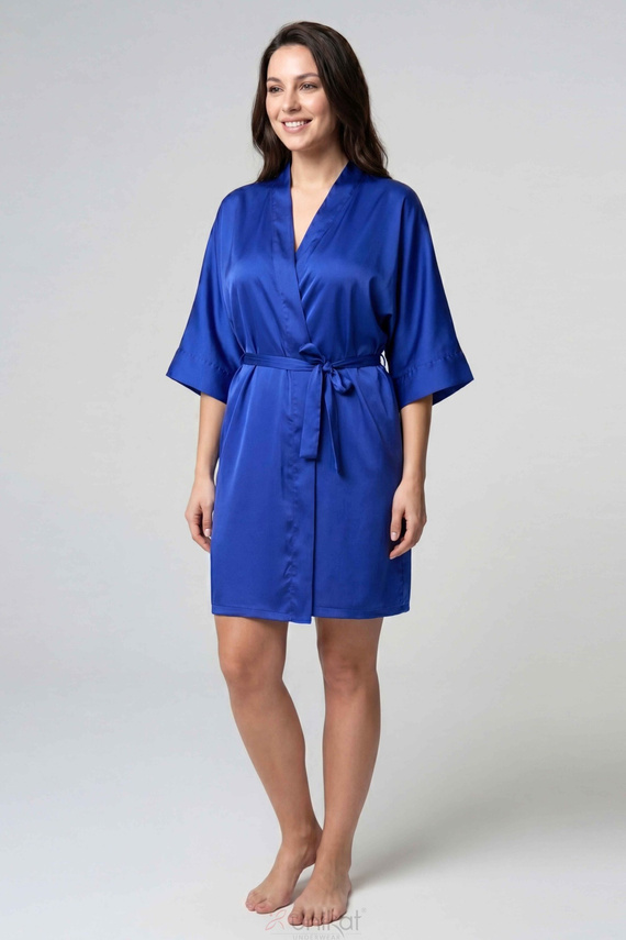 Halat de baie Unikat Elodie albastru chabrow, satin, damă, 3/4, cu cordon