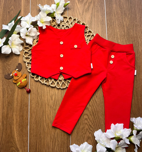 Mamatti KC014 roșu costum băieți din bumbac vestă și pantaloni cu nasturi