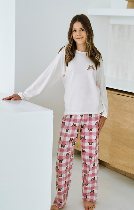 3503 Astrid Taro pijamale fetita bej - bumbac, imprimeu, pantaloni in carouri