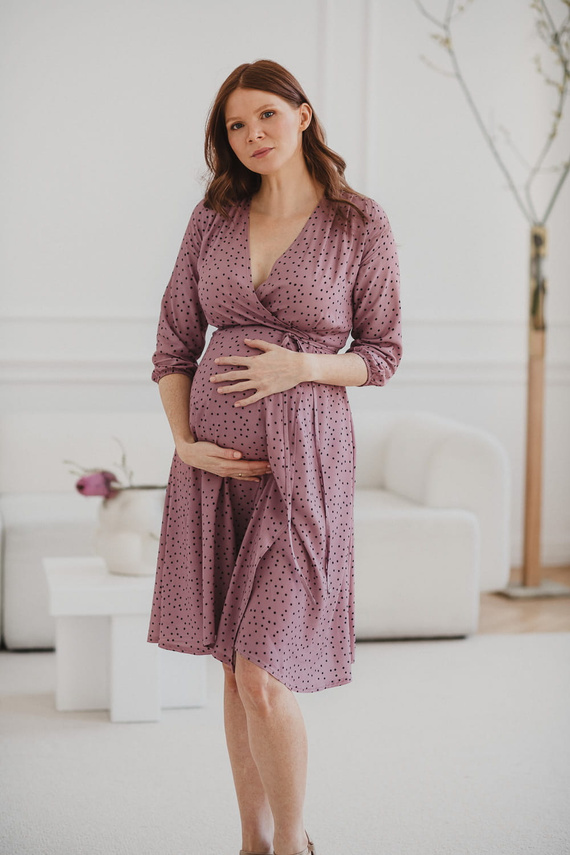 Rochie de maternitate si alaptare Milk Shake, maneca 3/4 Milk&Love, liliac cu buline