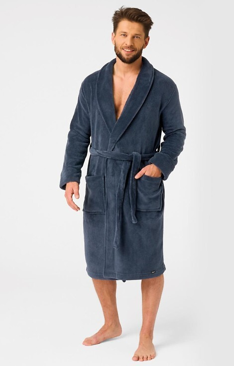 Halat de baie bleumarin pentru bărbați MGL 255 B25 - clasic, moale, cu legături în talie