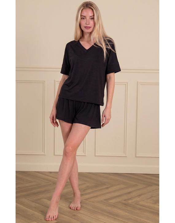 Luna 1313 pijama damă neagră 100% bumbac, tricou și pantaloni scurți