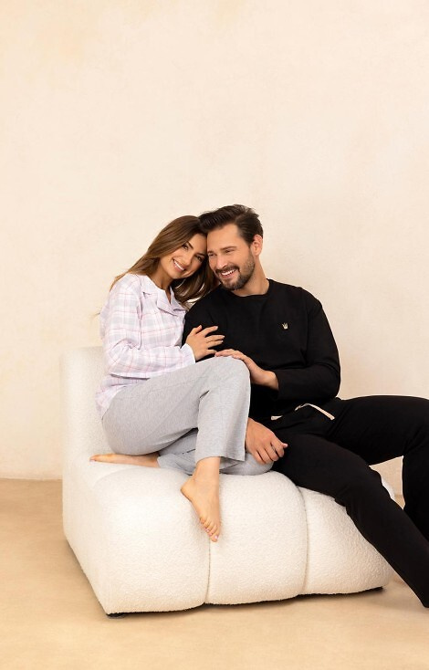 Pijamale damă 727 Regina Gri - 100% bumbac, în carouri, cămașă cu nasturi