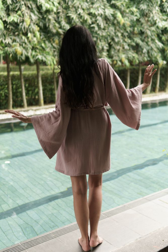 Halat de baie din muselina Kimono Trandafir Sepia Makashka | 100% bumbac, usor si aerisit