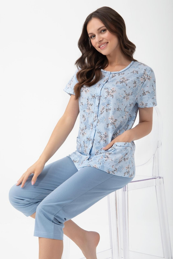 Pijama damă Luna 1304 din bumbac cu nasturi și pantaloni 3/4