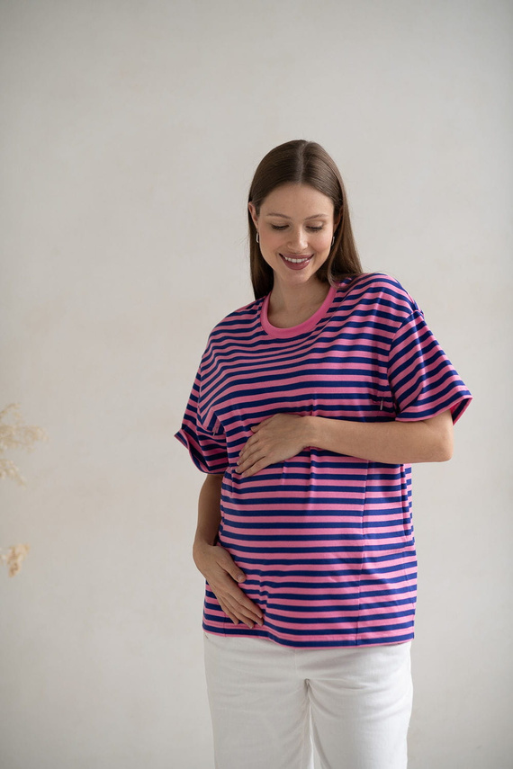 Tricou pentru maternitate și alăptare Mamahood Milk&Love, dungi roz și albastre - confortabil și elegant