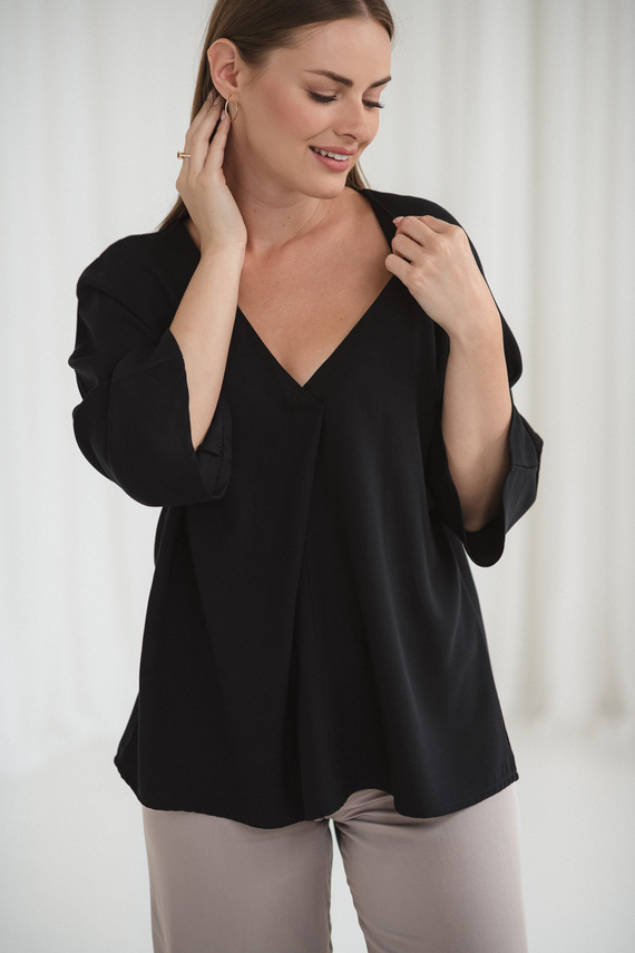 Bluză de maternitate Mamafullness Milk&Love, neagră – viscoză, mâneci 3/4, oversize