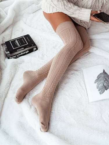 0347.001 Șosete până la genunchi Milena de damă cu împletitură ajurata - bej