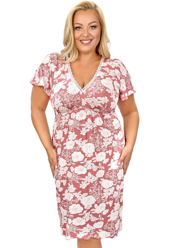 Pijama dama Tina Plus Donna – pijama elegantă din vâscoză cu imprimeu floral, decolteu V cu volănaș, mâneci scurte și elastic sub bust