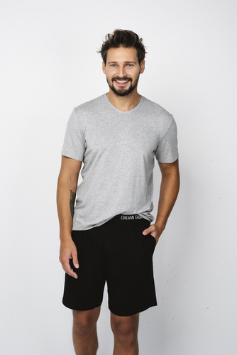 Dallas Pijama cu mânecă scurtă pentru bărbați, pantaloni scurți Italian Fashion- melange/negru