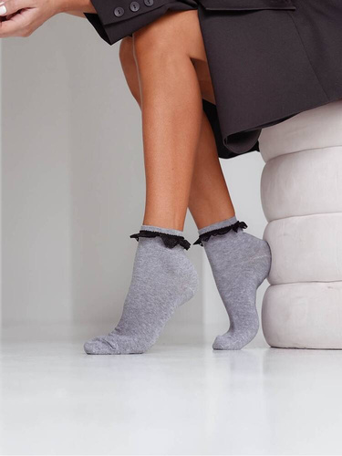 0897 Sosete dama Milena cu dantela - light melange 1 - dantela neagra