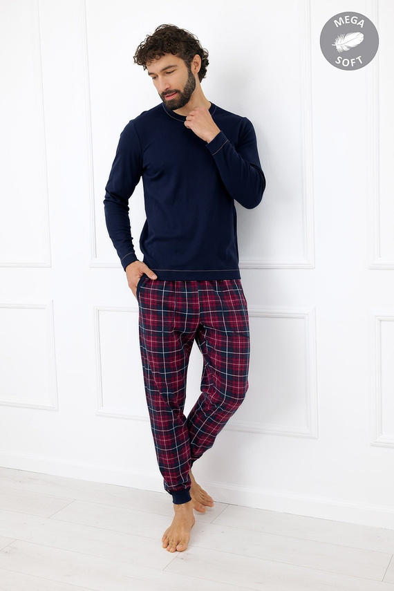 Italian Fashion Brajan pijama bărbați Mega Soft pantaloni lungi în carouri - bleumarin
