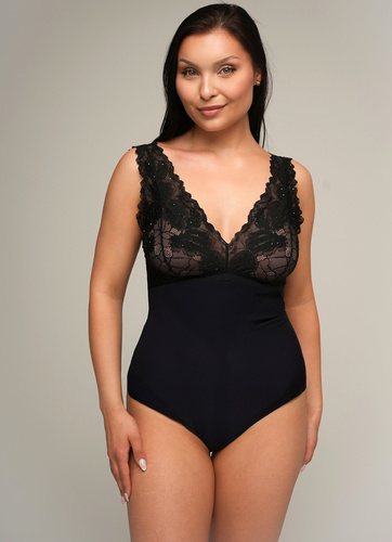 Body de damă Ava 022 Shimmer, negru - viscoză, dantelă, închidere cu capse
