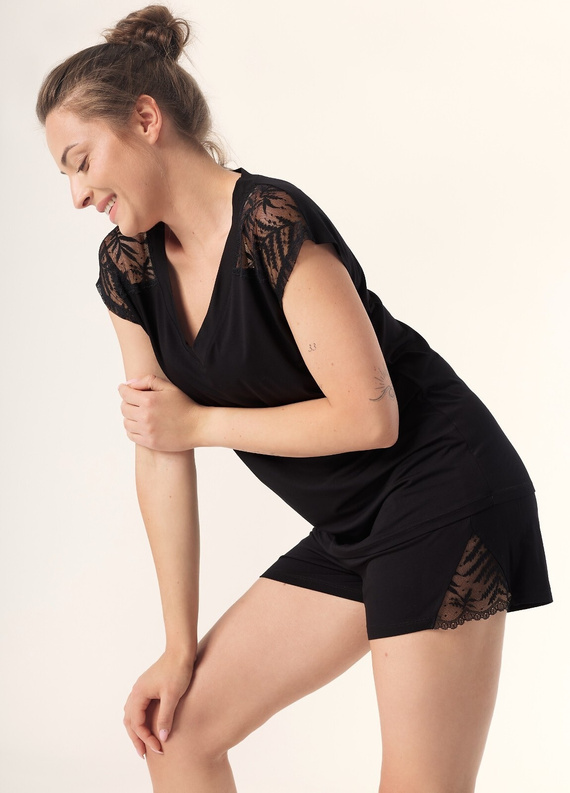 Pijamale Petra PC71 Mefemi Nipplex pentru femei, negre - Vâscoză, Dantelă, Mâneci scurte