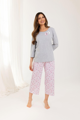 Pijamale dama 711 Regina, gri - bumbac, maneci 3/4, plase, confort zilnic