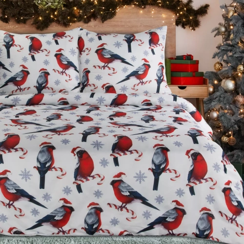Lenjerie de pat Melody Crăciun, perdele euro din microfibră, roșii, decorate cu imprimeu de Crăciun
