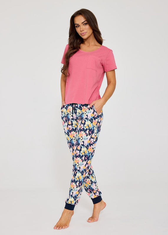 Pijama damă Cornette Pola 730/337 roz, bumbac 100%, pantaloni lungi cu print floral