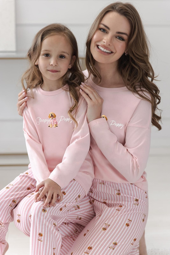 Pijamale damă Taro Nola 3623 roz, 100% bumbac, mânecă lungă, cu imprimeu căței