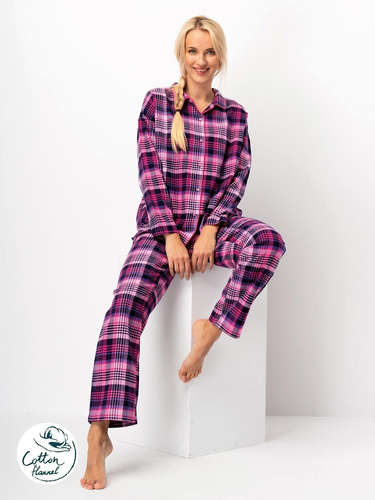 Key LNS 490 pijamale dama fuchsia - flanel de bumbac, maneci lungi, nasturi
