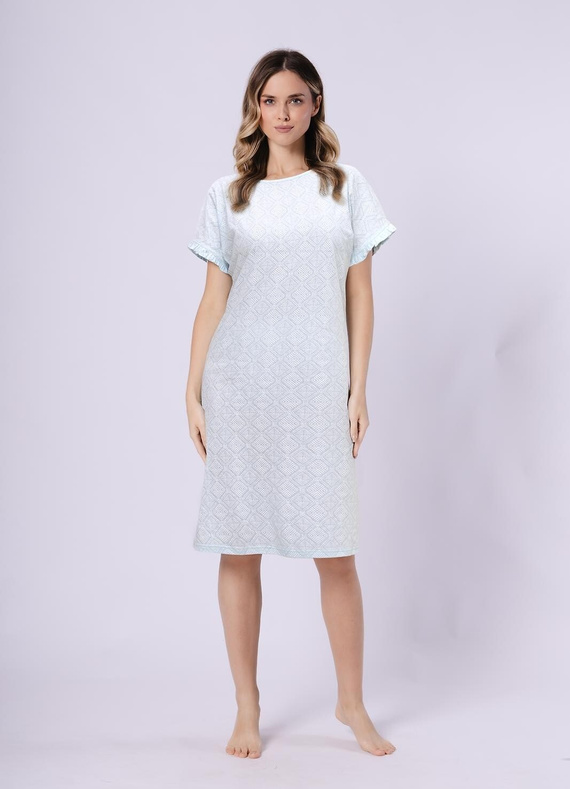 Cămașă de noapte damă 1730 Clea Leveza | 100% bumbac | Imprimeu oriental, mâneci cu volane, lungime până la genunchi