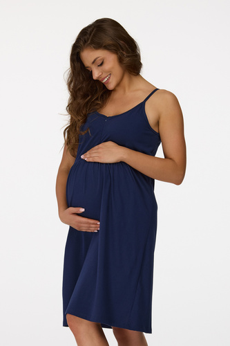 Cămașă de noapte pentru gravide Senizo nr. 25, bleumarin – 100% bumbac, fermoar pentru alăptare, bretele