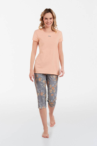 Kasali Pijama de damă cu mânecă scurtă și pantaloni 3/4 Italian Fashion - somon/print