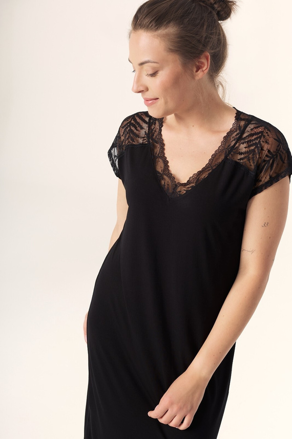 Cămașă de noapte neagră Petra KB59 Mefemi Nipplex – viscoză, dantelă, mâneci scurte, deasupra genunchiului