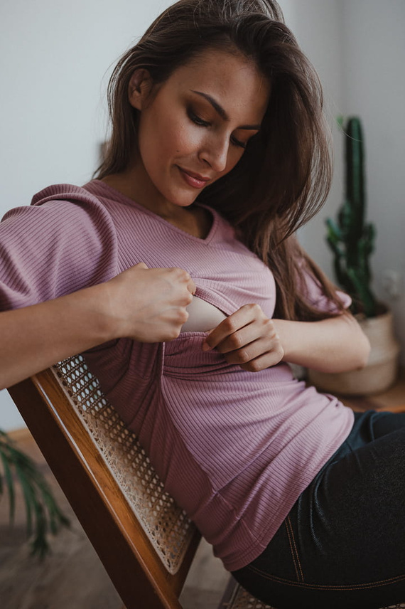 Bluză gravide și alăptare Milk&Love Milky Puff reiat mâneci bufante