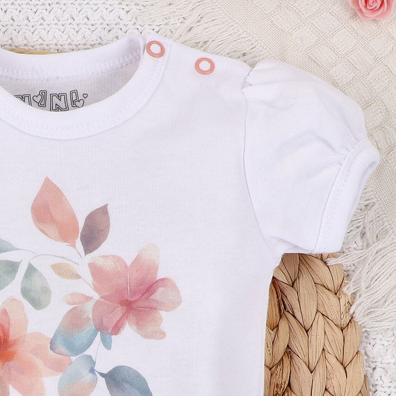 ABN-5418 Flori colorate Body cu mâneci scurte din bumbac organic Nini alb