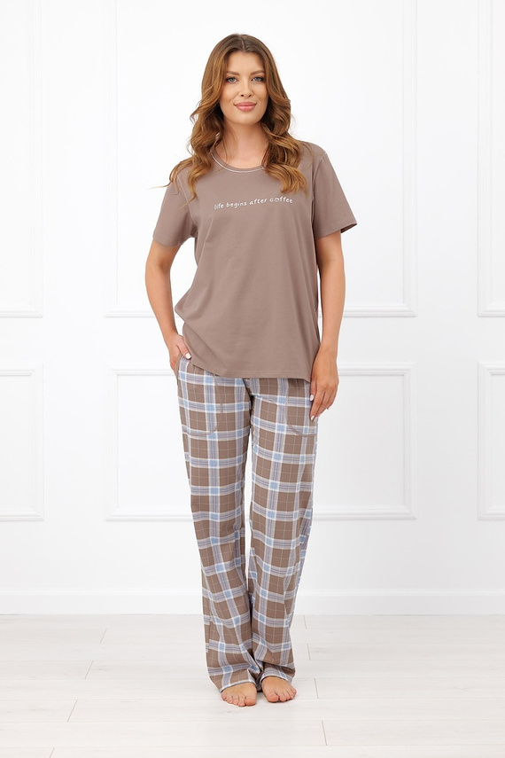 Pijamale damă Italian Fashion Delma 100% bumbac, în carouri, pantaloni lungi - cappuccino