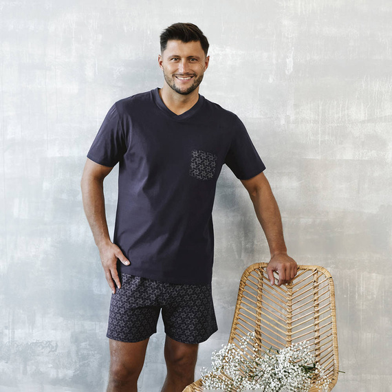 Diaz Pijama cu mânecă scurtă pentru bărbați, pantaloni scurți Italian Fashion - albastru marin/print