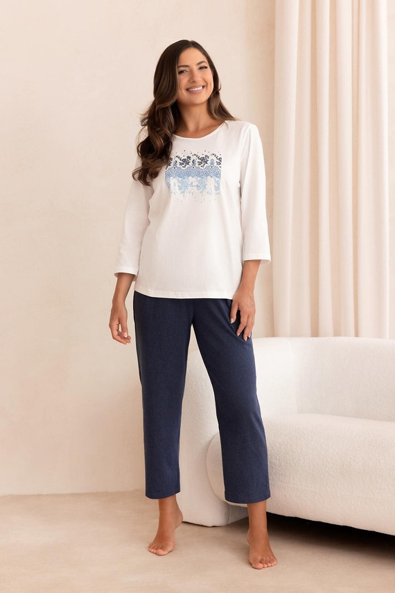 Pijamale damă Regina 4024 100% bumbac mânecă 7/8 pantaloni 7/8 ecru