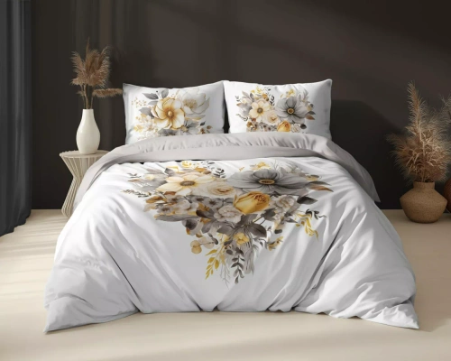 Set de lenjerie de pat 5125 A Holland Detexpol din bumbac, alb cu o inimă florală bej și gri – 100% bumbac, față-verso, producție poloneză