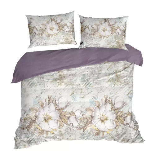 Spring 26 Flowers lenjerie de pat satin Euro perdele crem/violet