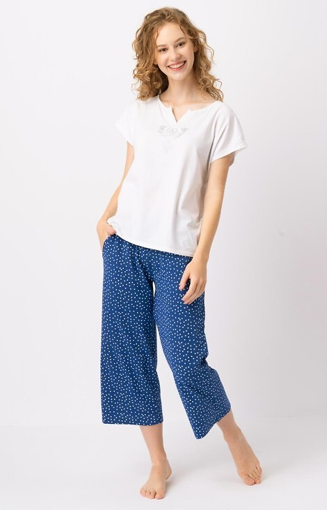 LNS 623 Key pijamale de dama din bumbac - alb-bleumarin