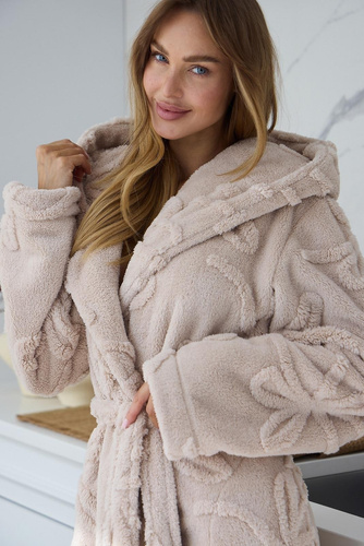 Halat de damă lung Elodie 2633 cu glugă, moale, călduros, cu cordon, angora